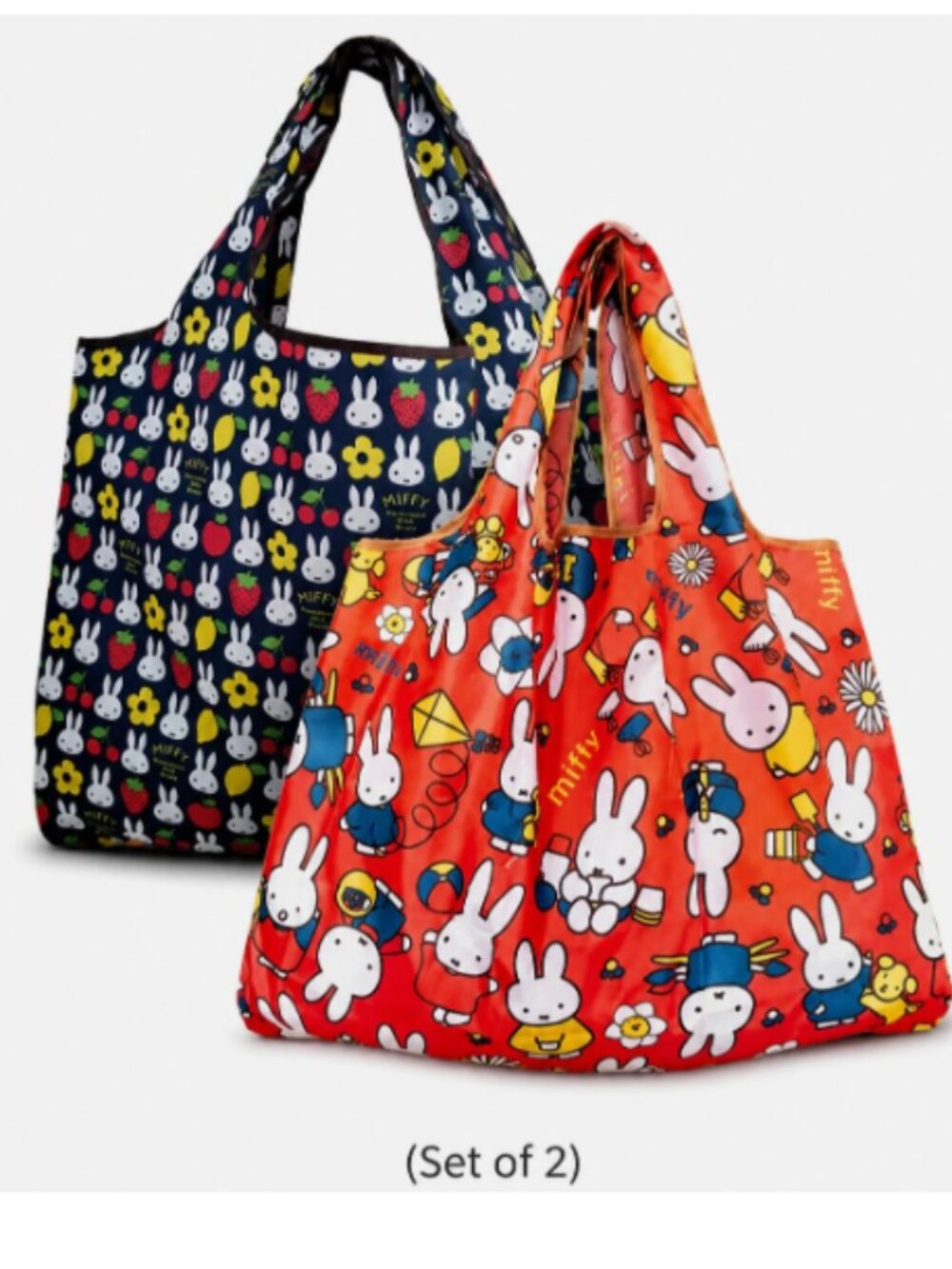 （Set of 2) NWT Miffy Style Tote Rabbit 2-Way LARGE Market Foldable Shopping Bag